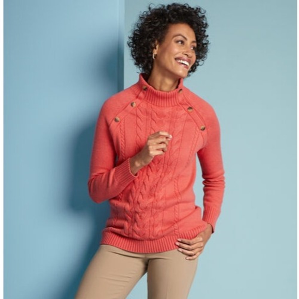 Talbots‎ Coral Mock Neck Cable Knit Button Shoulder Sweater Size S